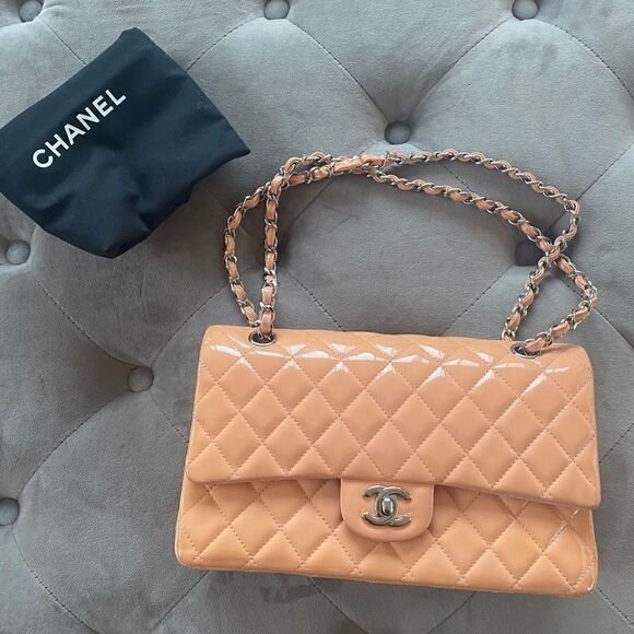 CHANEL Handbags - CHANEL Classic Medium Double Flap Bag peach patent